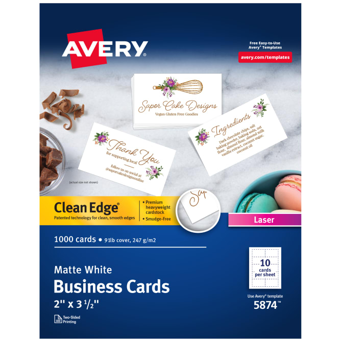 Avery(R) Clean Edge(R) Printable Business Cards with Sure Feed Technology,  2" x 3-1/2", White, 1,000 Blank Cards for Laser Printers (05874) | Avery.com