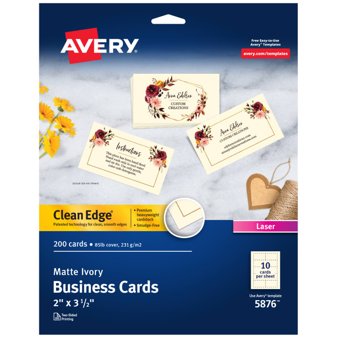 Avery(R) Clean Edge(R) Printable Business Cards with Sure Feed Technology,  2" x 3-1/2", Ivory, 200 Blank Cards (05876) | Avery.com