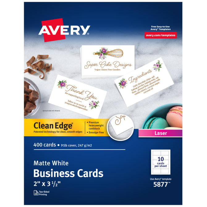 Avery(R) Clean Edge(R) Printable Business Cards with Sure Feed Technology,  2" x 3-1/2", White, 400 Blank Cards (05877) | Avery.com