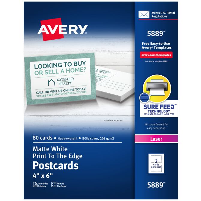 Avery® Printable Postcards with Sure Feed® Technology, 4 x 6, White, 80 Blank  Postcards for Laser Printers (5889)