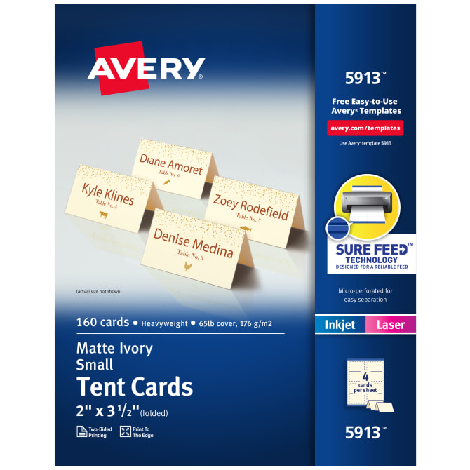 Avery® Printable Small Tent Cards with Sure Feed® Technology, 2 x 3-1/2,  Ivory, 160 Blank Place Cards (5913)