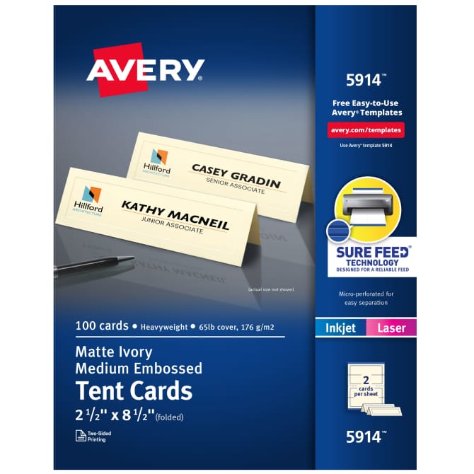 Avery® printable tent cards with sure feed® technology, 2-1/2