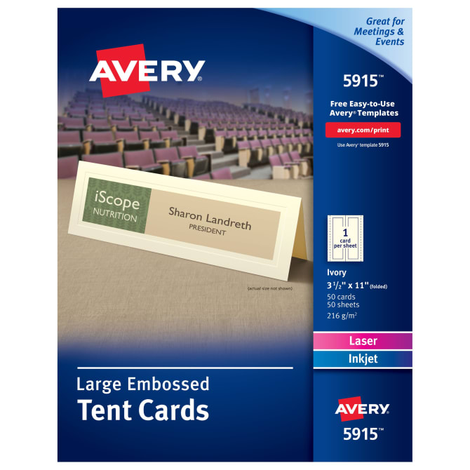 Avery Large Tent Cards Uncoated Embossed Ivory Two Sided Printing 3 1 2 X 11 50 Cards 5915