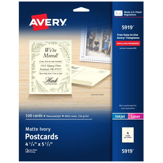 Avery(R) Postcards, 4-1/4 x 5-1/2, Ivory, 100 Blank Postcards for Laser  and Inkjet Printers (5919)