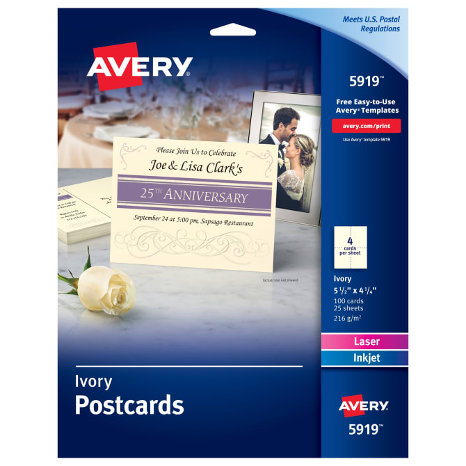 Pack of 100 5919 4-1/4x5-1/2 Avery Ivory Postcards for Inkjet Printers