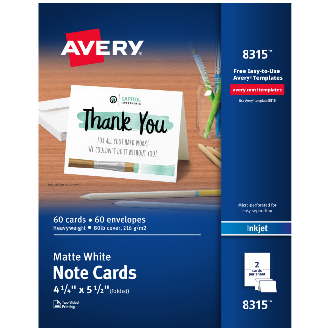 Avery(R) Note Cards with Envelopes, 4-1/4 x 5-1/2, Matte White, 60 Blank  Note Cards for Inkjet Printers (8315)