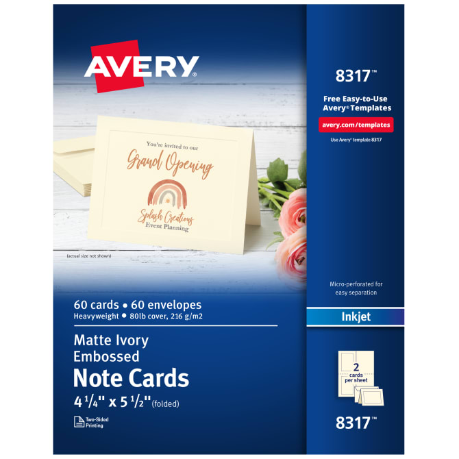 Avery(R) Note Cards with Envelopes, 4-1/4 x 5-1/2, Ivory with Embossed  Border, 60 Blank Note Cards (8317)