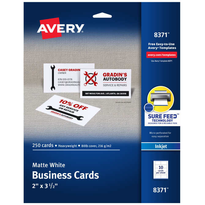 Avery® Clean Edge® Printable Inkjet Business Cards, 2 x 3.5, Matte White,  200/Pack (8871)