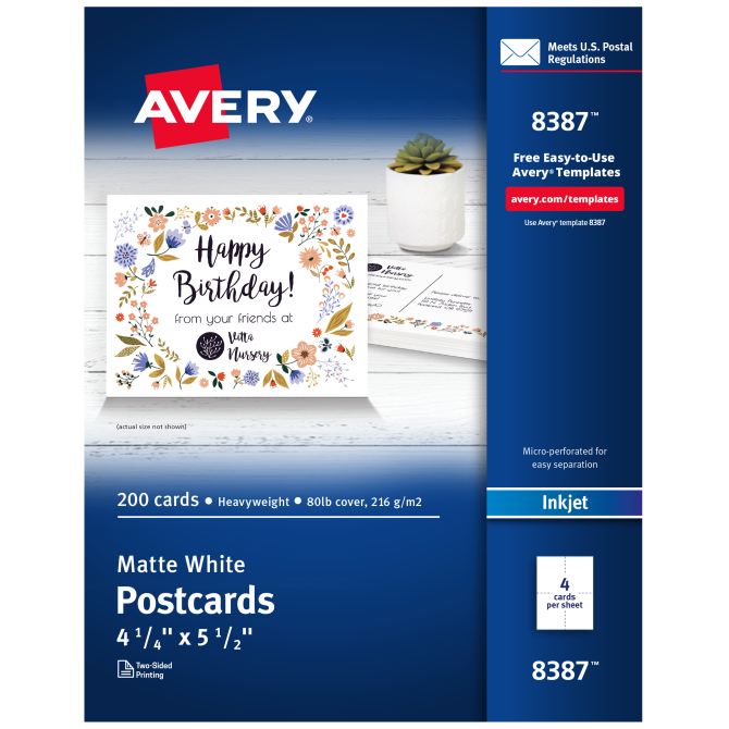 Avery(R) Postcards, 4-1/4" 5-1/2", Matte White, Blank Postcards for Inkjet Printers (8387) (8387) Avery.com