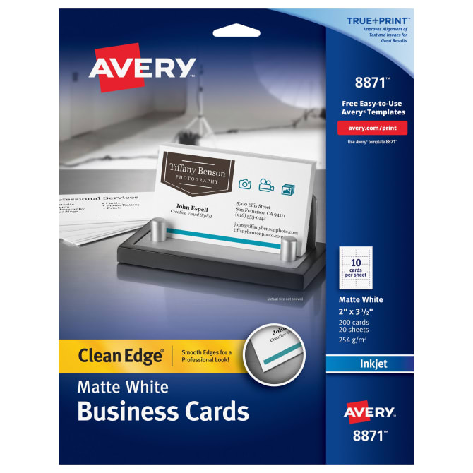 Avery Clean Edge Business Cards True Print Matte Two Sided Printing 2 X 3 1 2 200 Cards 8871
