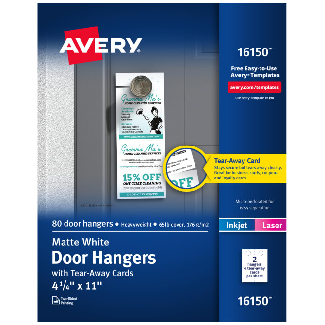 AVE16150, Avery® 16150 Door Hanger with Tear-Away Cards, 97 Bright, 65 lb  Cover Weight, 4.25 x 11, White, 2 Hangers/Sheet, 40 Sheets/Pack
