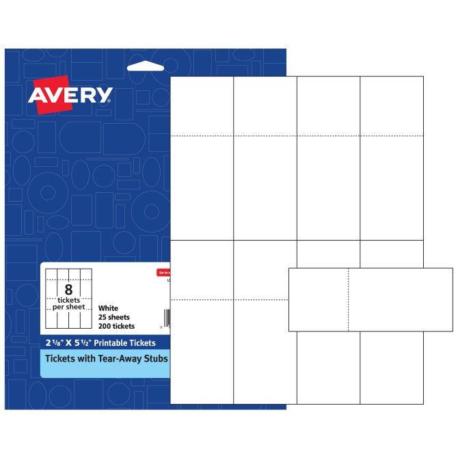 Avery(R) Tickets with Tear-Away Stubs, 1-3/4 x 5-1/2, Matte White, 200  Blank Tickets (16154)