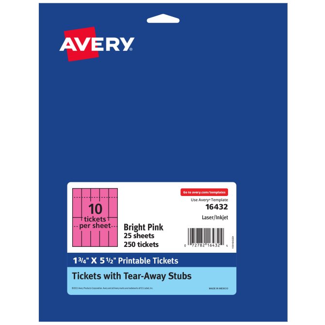 avery printable tickets with stubs bright pink 1 3 4 x 5 1 2 laser inkjet 250 blank tickets 16432 avery com