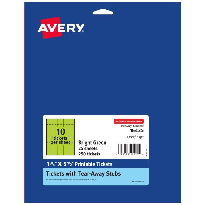 Avery® Printable Tickets with Stubs, Bright Green, 1-3/4" x 5-1/2 ...