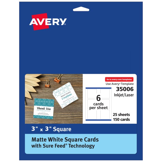 Avery® Square Cards with Sure Feed® Technology, 3" x 3", Matte White, 150  Square Cards Total, Print-to-the-Edge, Laser/Inkjet Printable Cards (35006)  | Avery.com