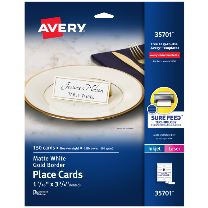 Avery® Printable Place Cards with Sure Feed® Technology, 1-7/16 x 3-3/4,  White with Gold Border, 150 Place Cards (35701)