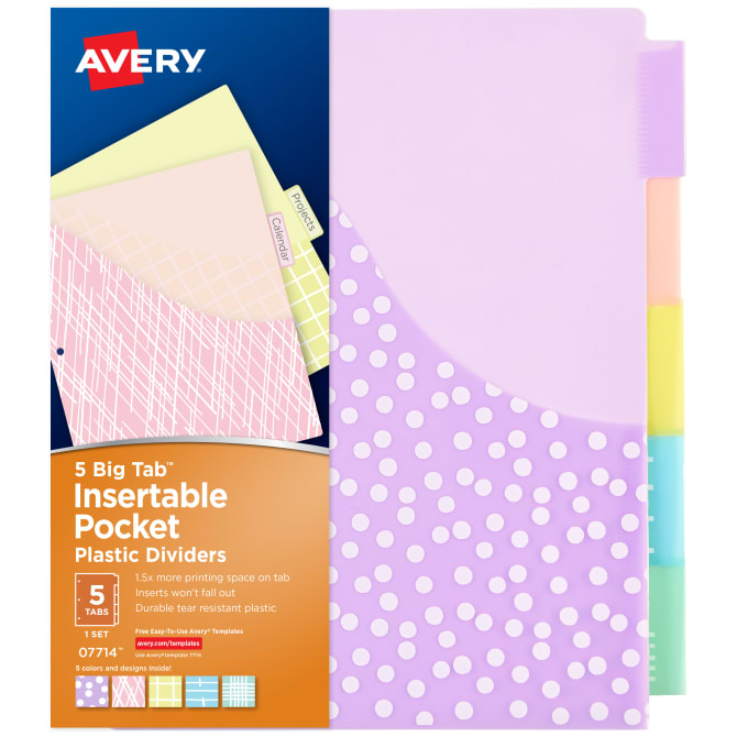 Avery 5-Tab Plastic Binder Dividers Insertable Translucent Multicolor Tab 3 Pack 