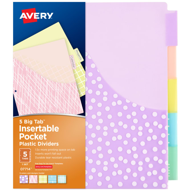 Avery® 5-Tab Plastic Binder Dividers, Big Tab™ Insertable with Pockets, Pastel Classic Designs, 1 Set (07714) | Avery.com