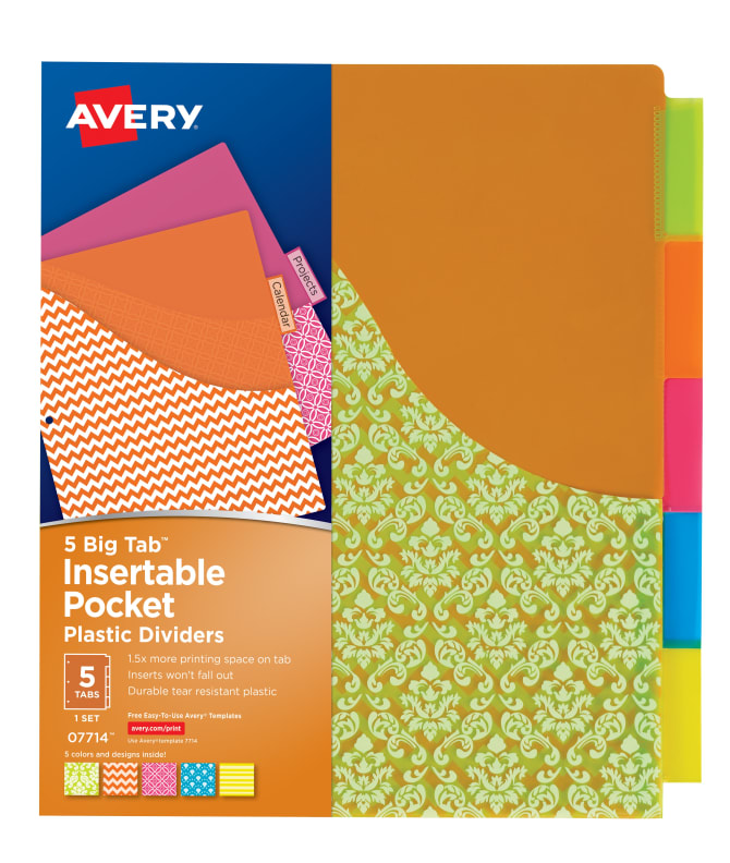 Avery Big Tab Insertable Plastic Dividers With Pockets 5 Tab Set Assorted Designs 07714