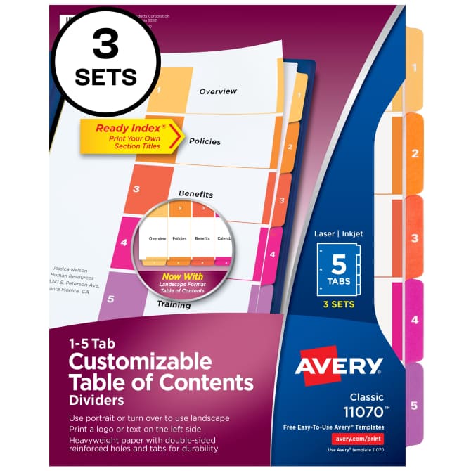 Avery® Ready Index® 5 Tab Binder Dividers, Customizable Table of Contents,  Multicolor Tabs, 3 Sets (11070)