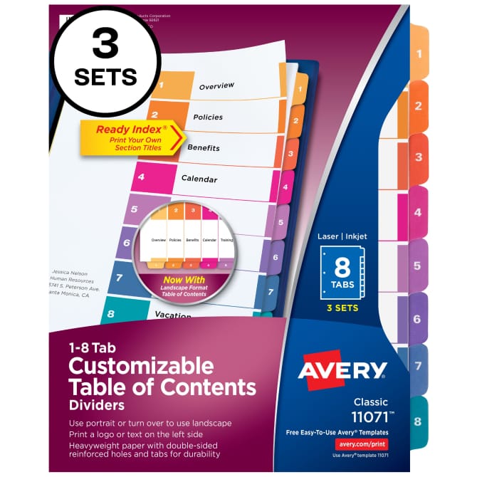 Avery Ready Index 8 Tab Binder Dividers Multicolor Tabs 3 Sets 11071 Avery Com