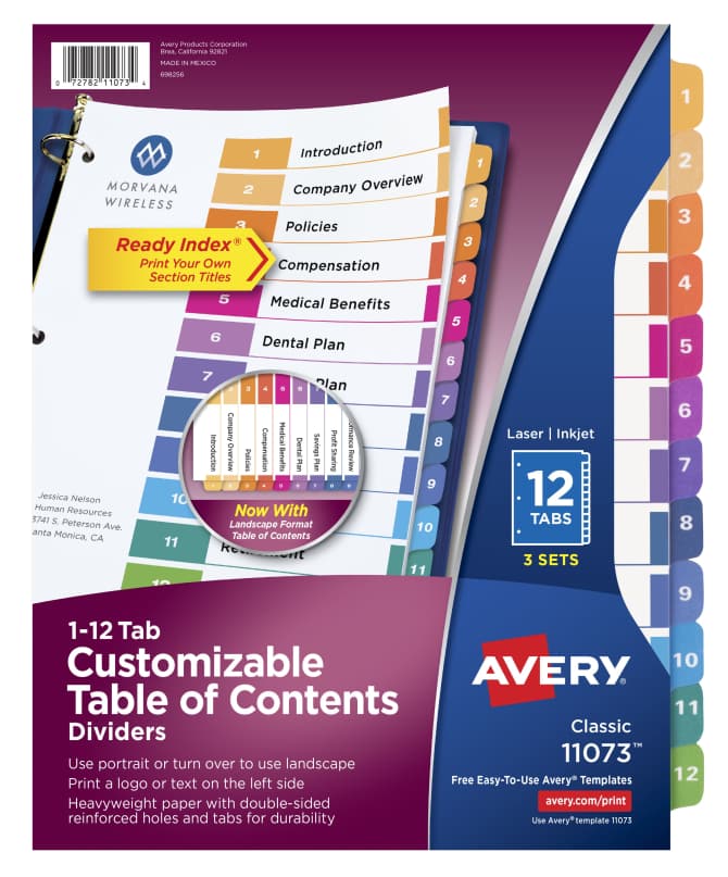 Avery Customizable Table Of Contents Dividers Ready Index Printable Section Titles Preprinted 1 12 Multicolor Tabs 3 Sets 11073