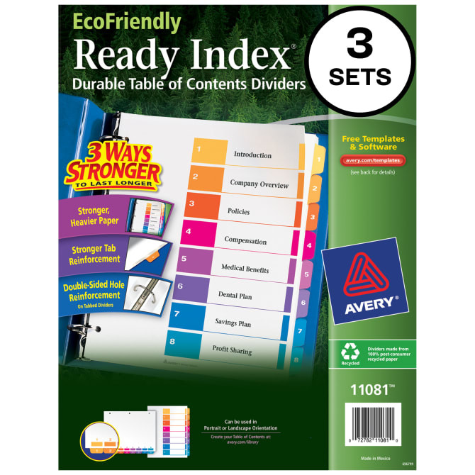 AveryÂ® Ready IndexÂ® Eco-Friendly 8 Tab Binder Dividers, Customizable Table  of Contents, 3 Sets (11081)