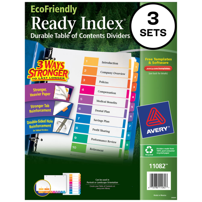 10-Tab 11082 3 Sets Avery EcoFriendly Ready Index Table of Contents Dividers 10-Tab 11082 3 Sets Avery EcoFriendly Ready Index Table of Contents Dividers