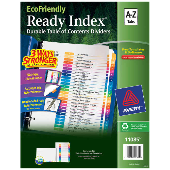 Avery® Ready Index® Eco-Friendly 26 Tabs A-Z Binder Dividers, Customizable  Table of Contents, 1 Set (11085)