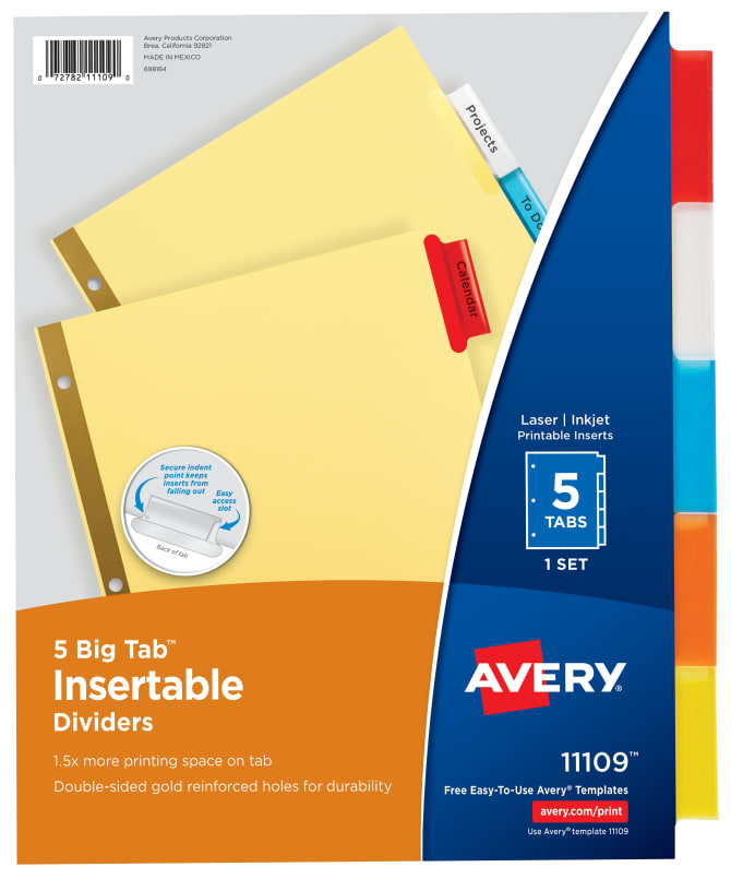 Avery Big Tab Insertable Dividers Buff Paper 5 Tab Set Multicolor 11109