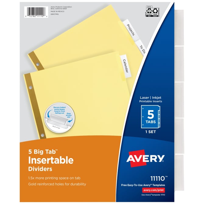 Avery Big Tab Insertable Dividers Buff Paper Clear Tabs 5 Tab Set 11110