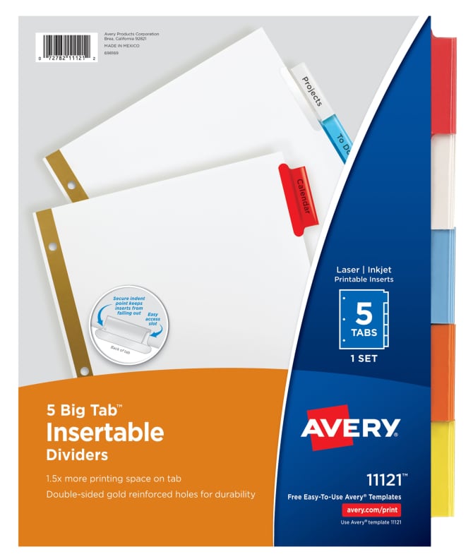 Avery Big Tab Insertable Dividers 5 Tab Set Multicolor 11121