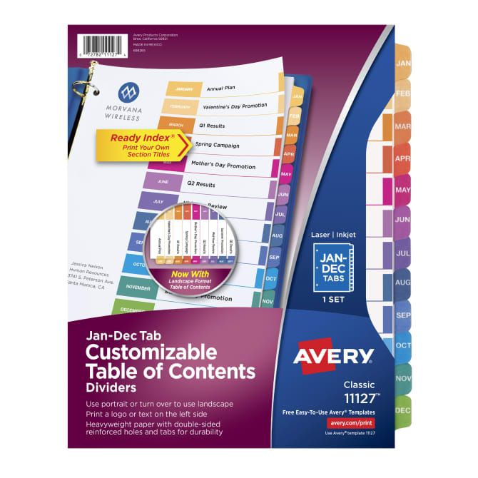 Avery® Ready Index® Monthly Dividers, Customizable Table of Contents,  Classic Multicolor Tabs, 1 Set (11127)