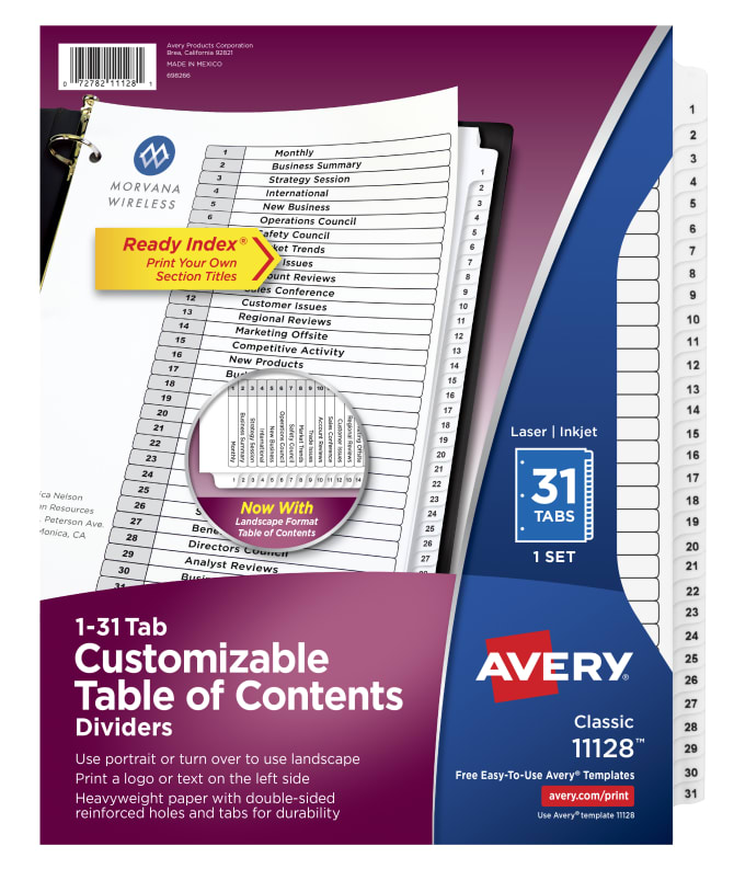 Avery Customizable Table Of Contents Dividers Ready Index Printable Section Titles Preprinted 1 31 White Tabs 1 Set 11128