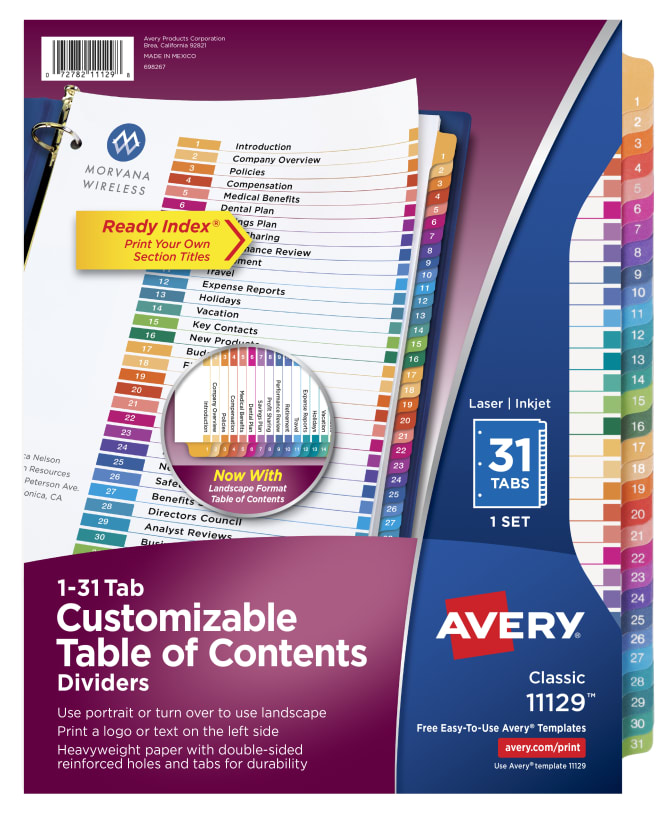 Avery Ready Index 31 Number Dividers Customizable Table Of Contents Classic Multicolor Tabs 1 Set 11129