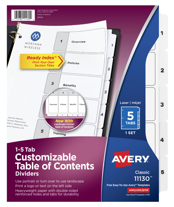 Avery Customizable Table Of Contents Dividers Ready Index Printable Section Titles Preprinted Black Numbers 1 5 White Tabs 1 Set 11130