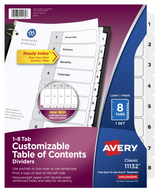 Avery Customizable Table Of Contents Dividers Ready Index Printable Section Titles Preprinted 1 8 White Tabs 1 Set 11132