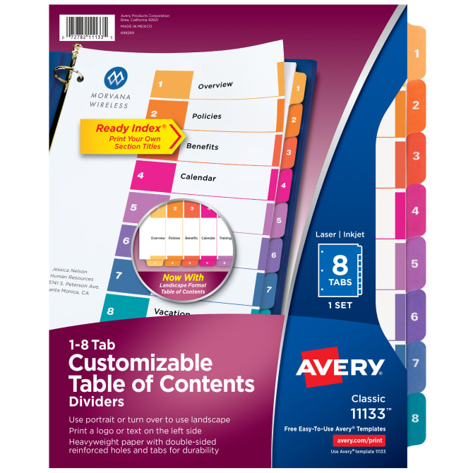 Avery® Ready Index® 8 Tab Binder Dividers, Customizable Table of Contents,  Multicolor Tabs, 1 Set (11133)