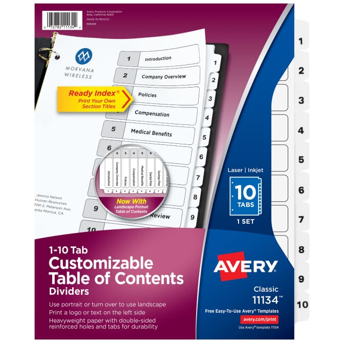 Avery® Ready Index® 10 Tab Binder Dividers, Classic White Tabs, 1 Set  (11134) | Avery.com