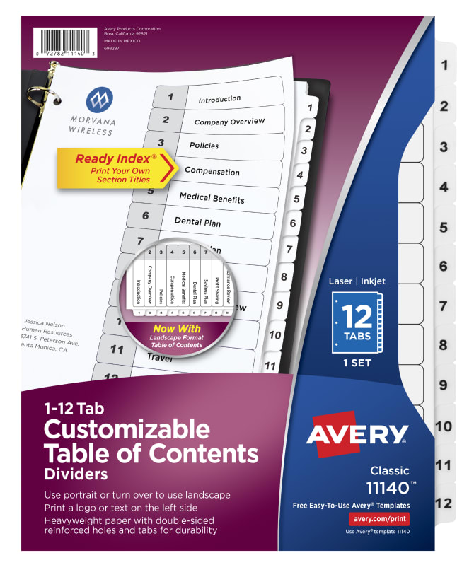 Avery Customizable Table Of Contents Dividers Ready Index Printable Section Titles Preprinted 1 12 White Tabs 1 Set 11140