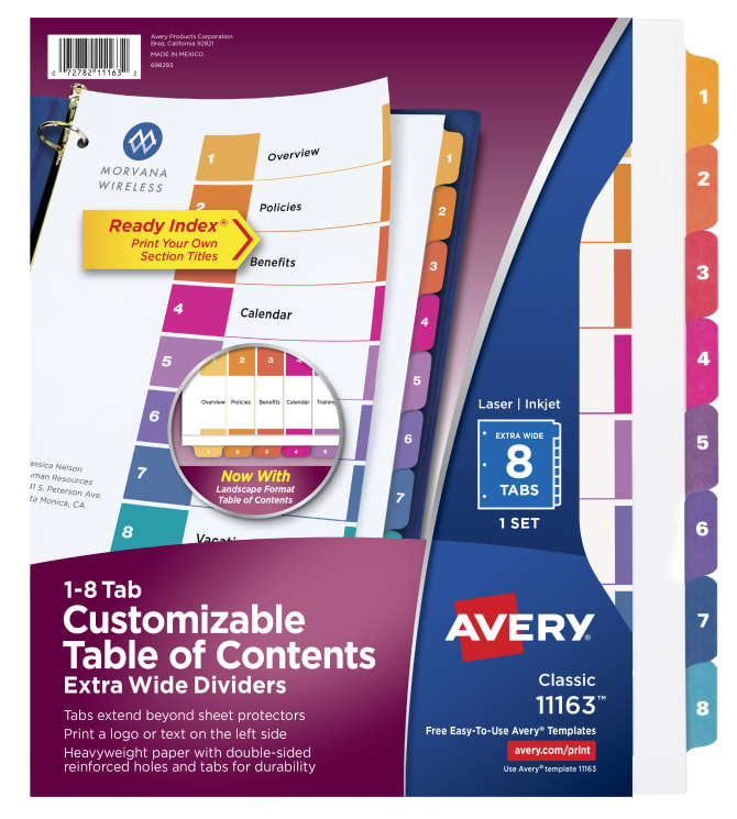 Avery Customizable Table Of Contents Extra Wide Dividers Ready Index Printable Section Titles Preprinted 1 8 Multicolor Tabs 1 Set 11163