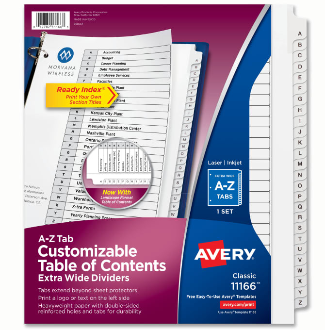 dual-sided Title: A-Z - Unpunched binding edge fits practically Avery Products 1 Set Sold As 1 Set Avery-Style Legal Side Tab Divider laminated tabs make it easy to organize your information Avery Rip Proof™ reinforced White 14 x 8 1/2 