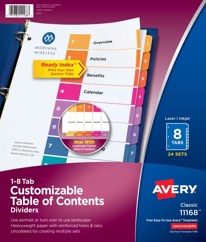 Avery Ready Index 8 Tab Binder Dividers Customizable Table Of Contents Multicolor Tabs 24 Sets 11168