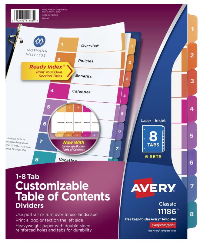 Avery Ready Index 8 Tab Binder Dividers Customizable Table Of Contents Multicolor Tabs 6 Sets 11186