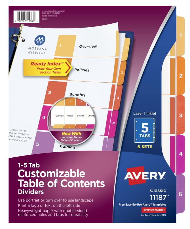 Avery Ready Index 5 Tab Binder Dividers Customizable Table Of Contents Multicolor Tabs 6 Sets 11187