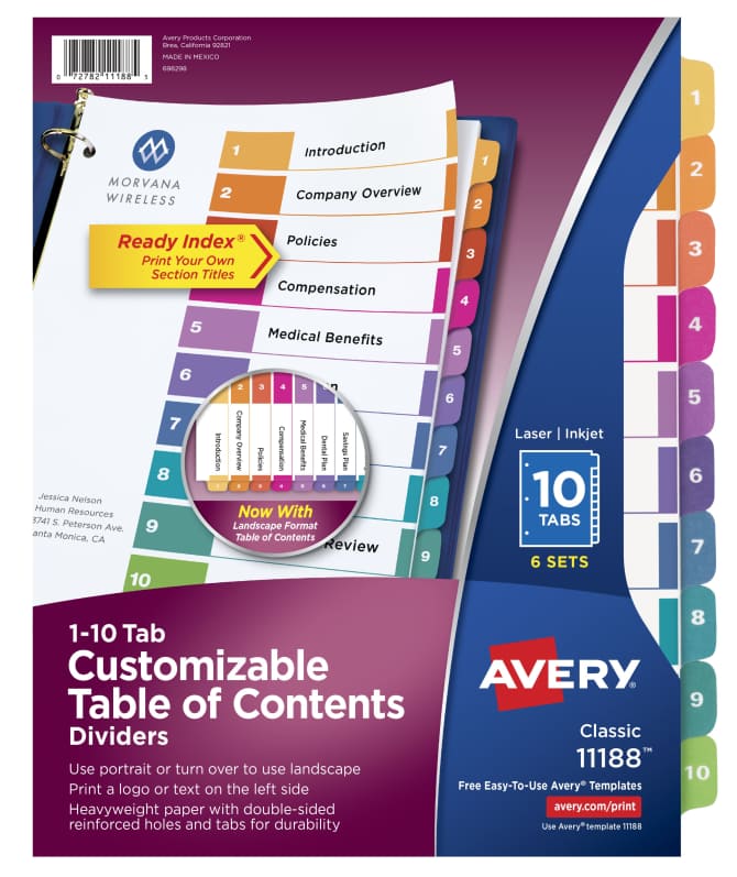 Avery Ready Index 10 Tab Binder Dividers Customizable Table Of Contents Multicolor Tabs 6 Sets 11188