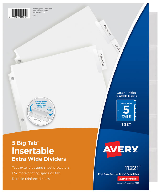 Avery Big Tab Insertable Extra Wide Dividers 5 Tab Set 11221