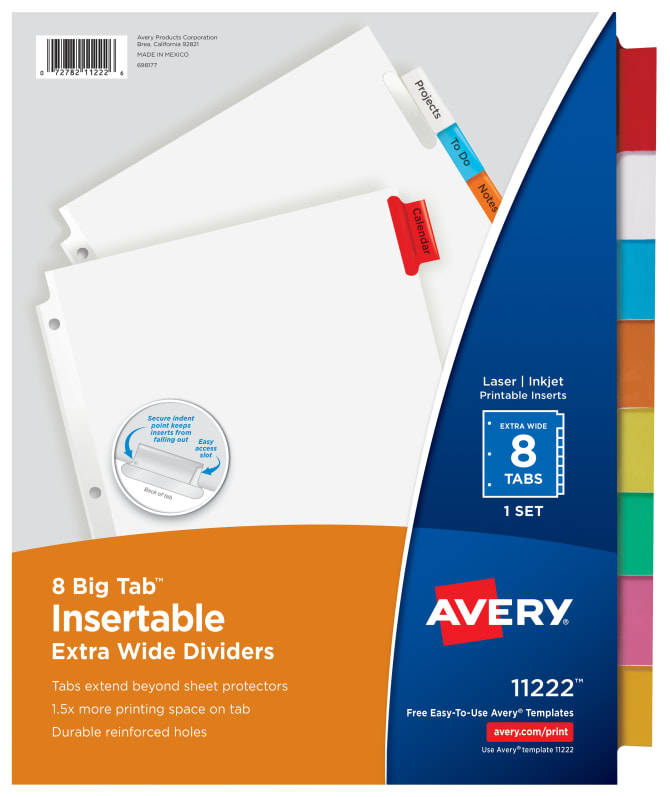 Avery Big Tab Insertable Extra Wide Dividers 8 Tab Set Multicolor 11222