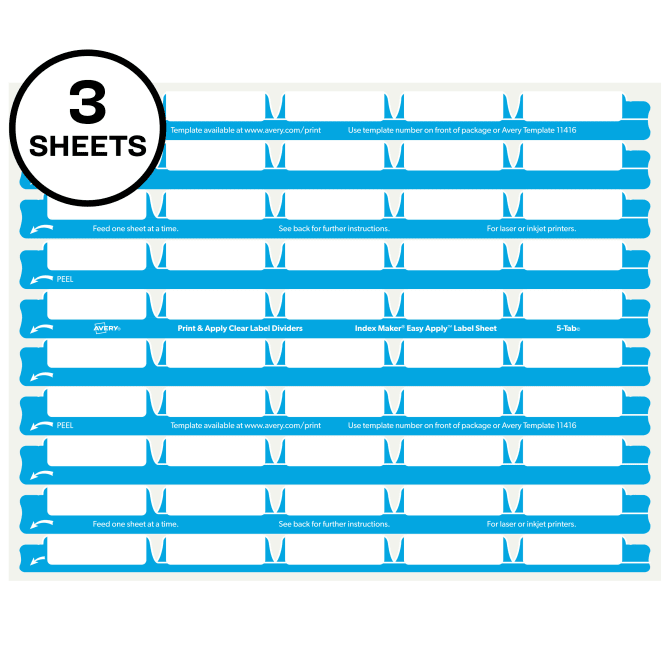 Avery® Print & Apply Clear Label Sheet Refills, Index Maker® Easy Apply™  Labels, 5-Tab, 3 Sheets (11225)