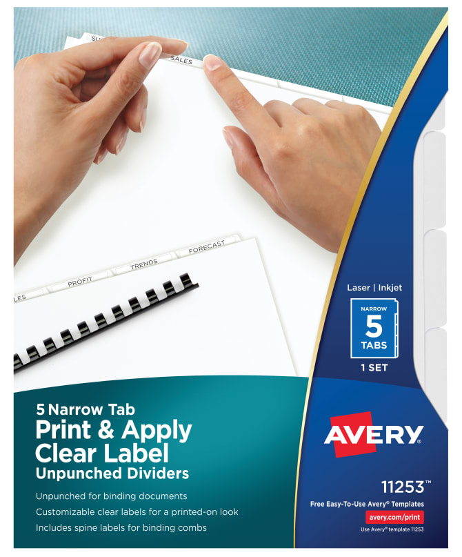 Avery Print Apply Clear Label Narrow Tab Unpunched Dividers Index Maker Easy Peel Labels 5 White Tabs 11253